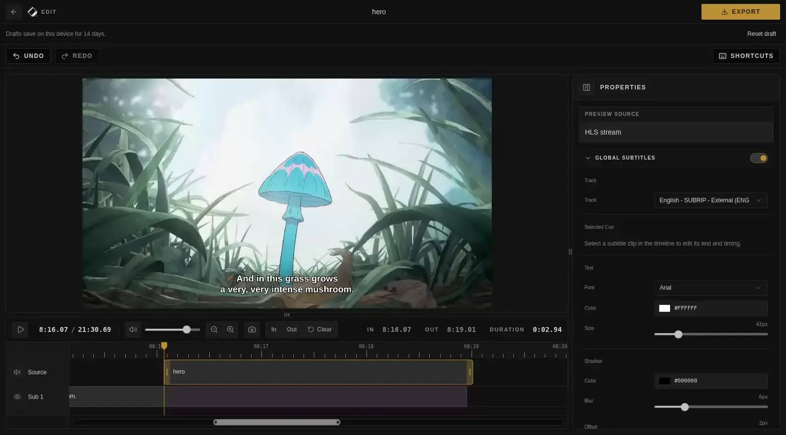 Cliparr editor showing a video preview, playback controls, and timeline clip selection.